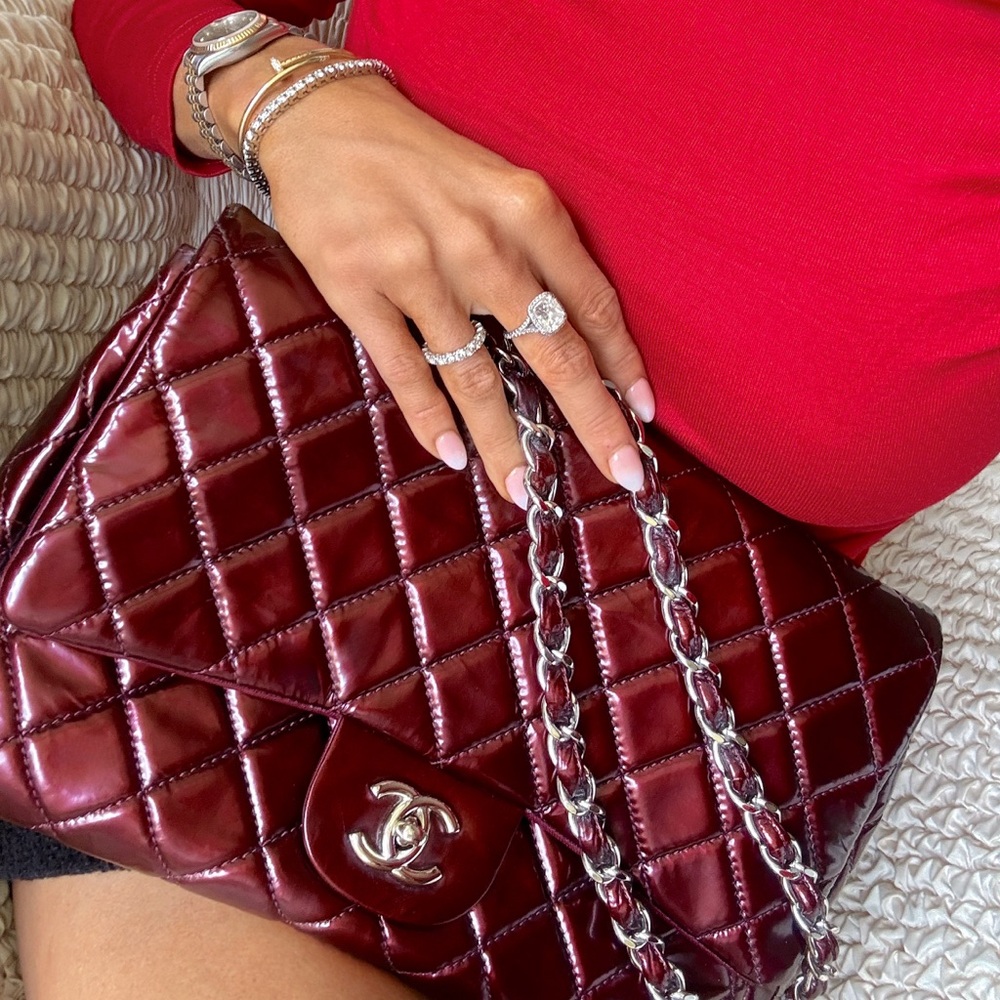 Authentic Chanel Jumbo Flap Bag Wine Patent Leather